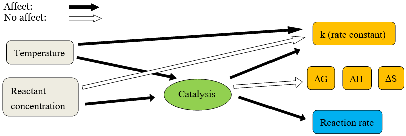 Factors that affect catalysis, k, ΔG, ΔH,ΔS, and reaction rate